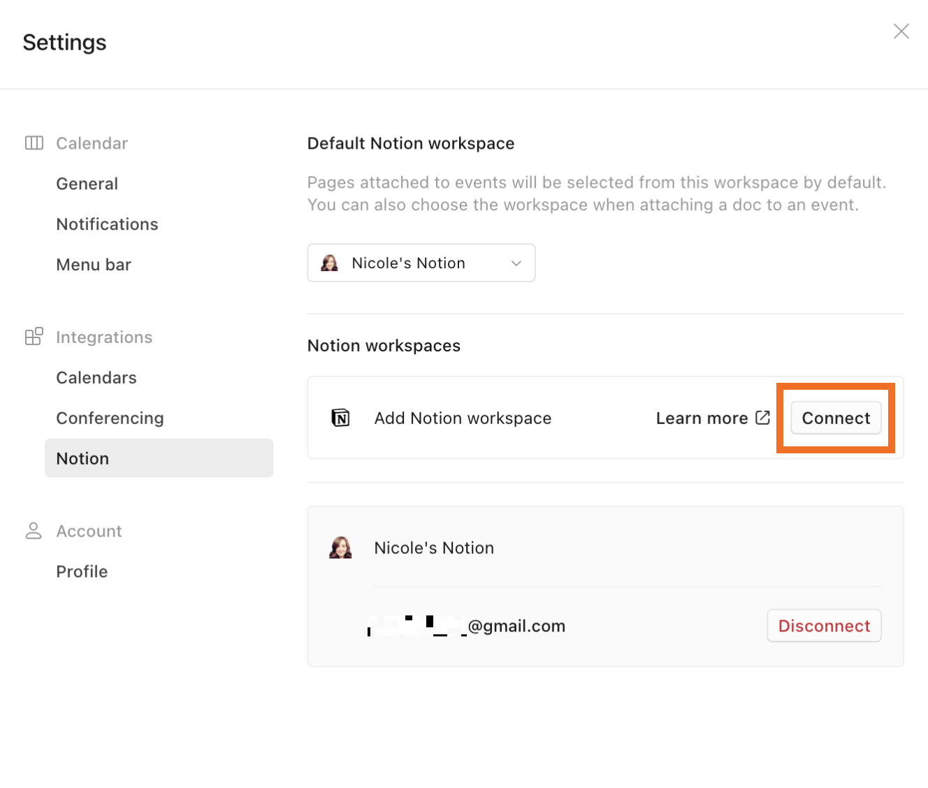 Settings page in Notion Calendar, highlighting the button to connect a Notion account.