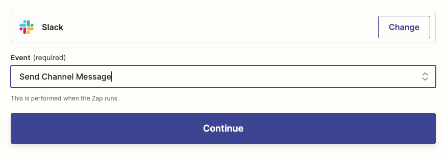 Customizing the final action. Slack is the action app and "Send Channel Message" is the event.