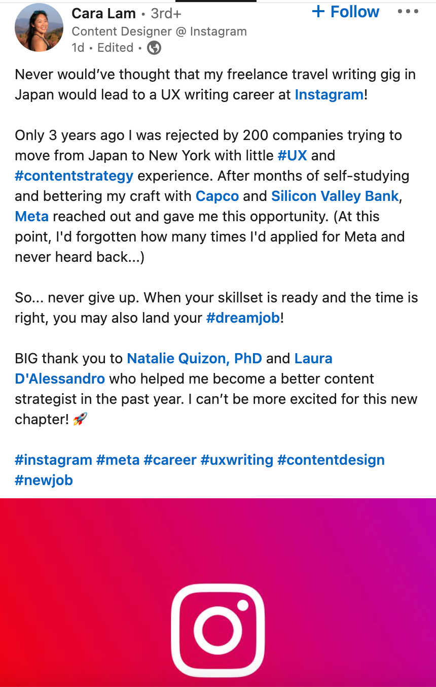 A LinkedIn post from Cara Lam describing how her many rejections led to her dream job