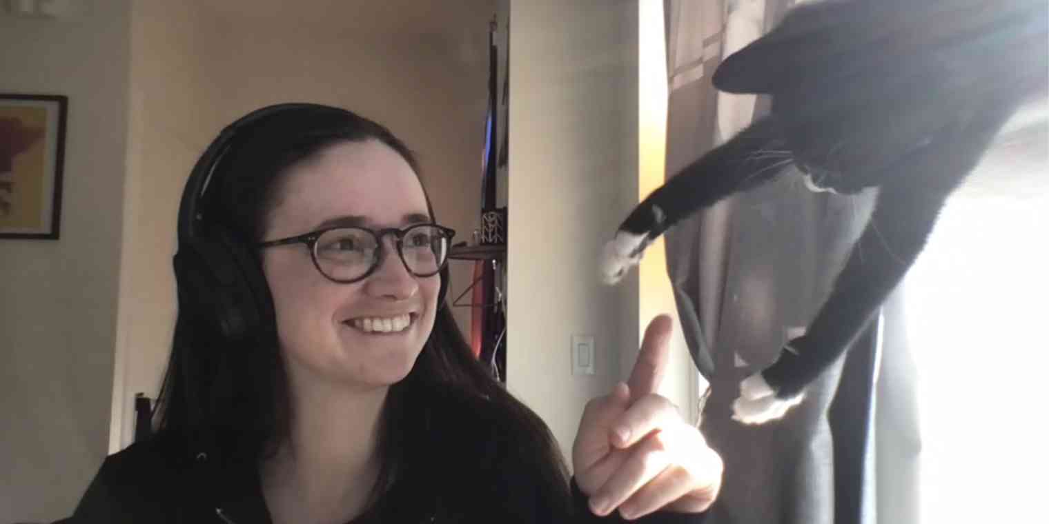 A hero image of Katie and her cat on a Zoom call