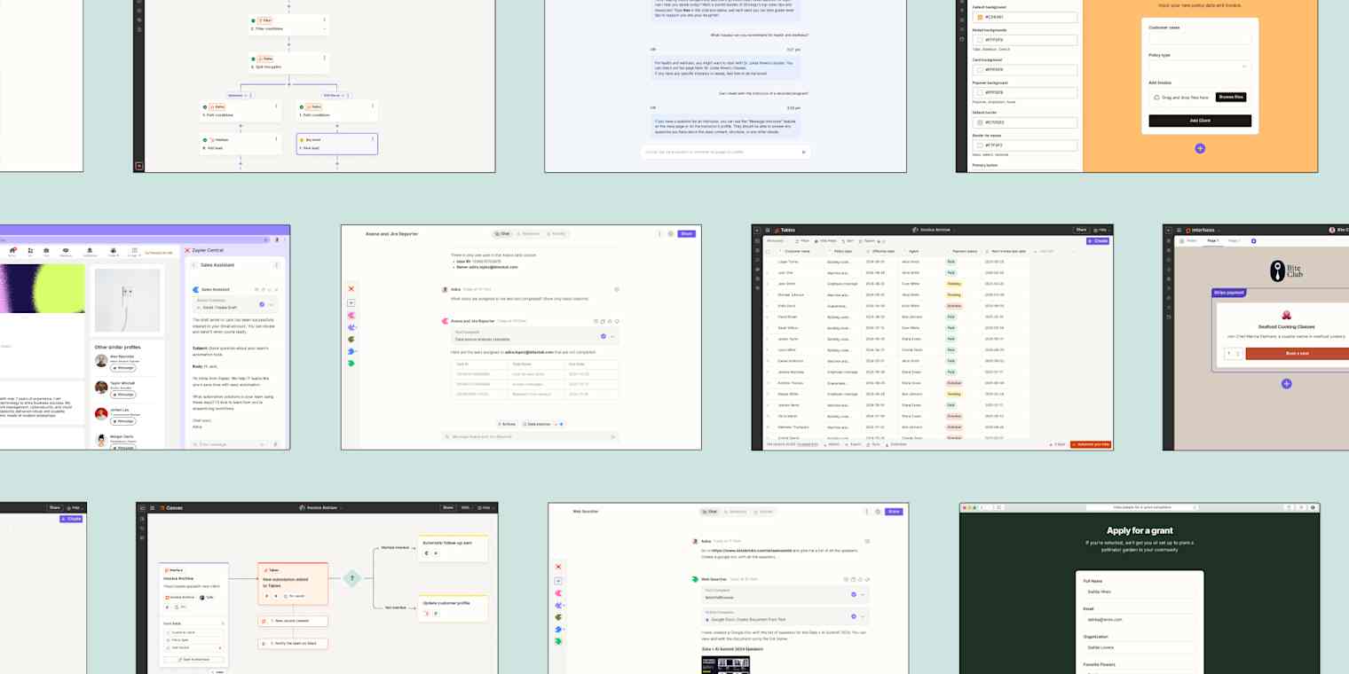 Collage of Zaps, Tables, Interfaces, and AI workflows built on Zapier.