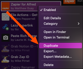 Right-click on the Zapier Alfred workflow and select "Duplicate." 