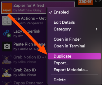 Right-click on the Zapier Alfred workflow and select 