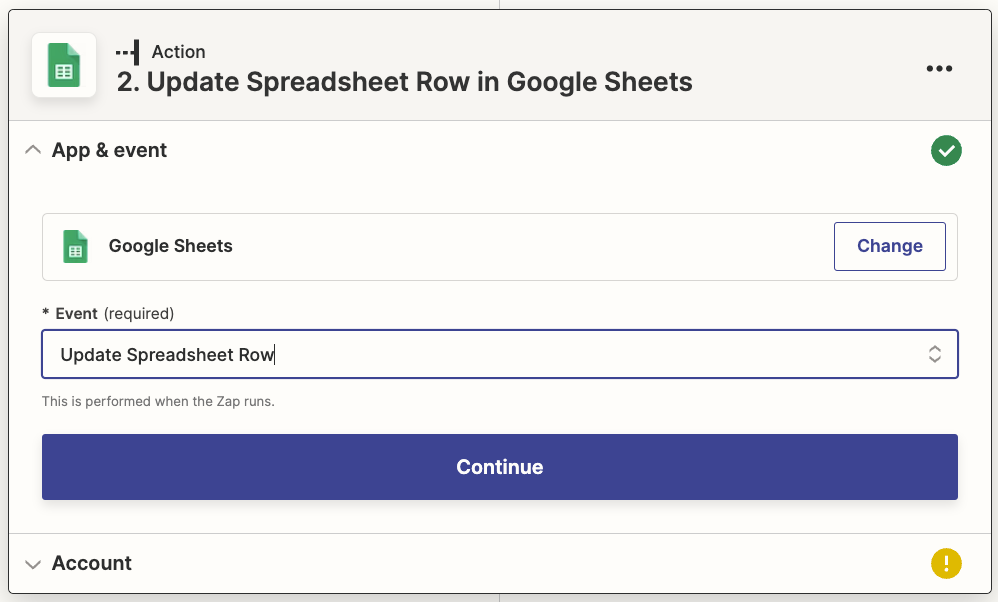 Google Sheets is selected with Update Spreadsheet Row selected in the Event field.