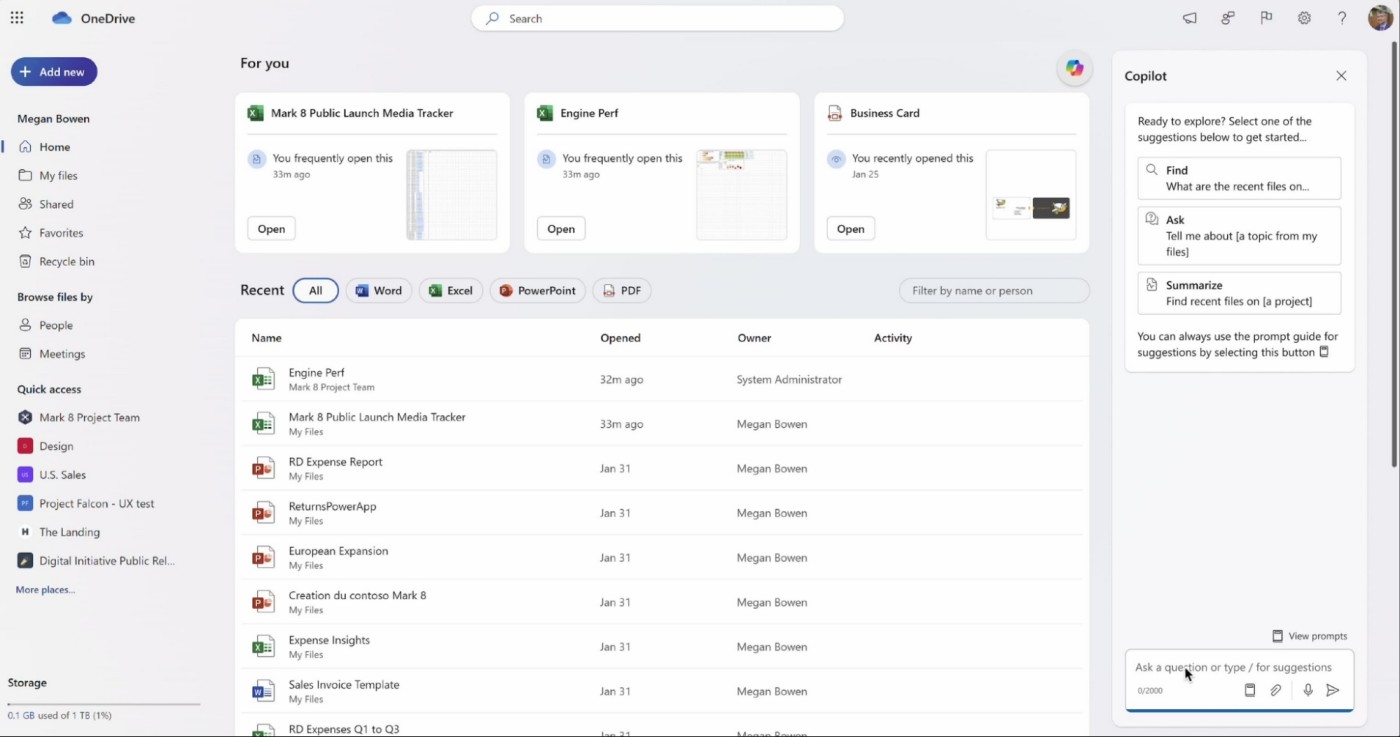 Using Microsoft Copilot as a sidebar in OneDrive