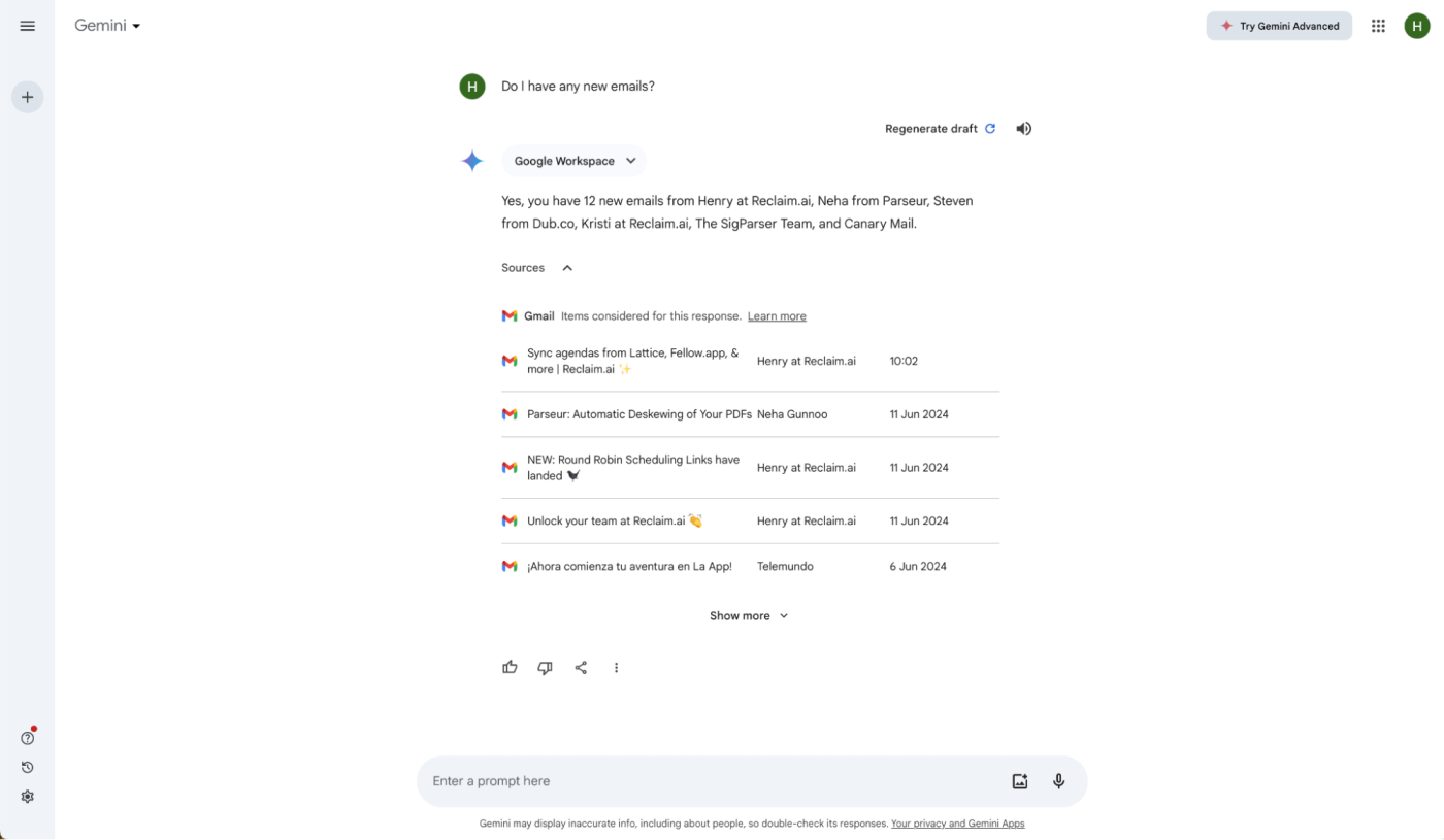 Gemini, our pick for the best ChatGPT alternative for integration with Google services