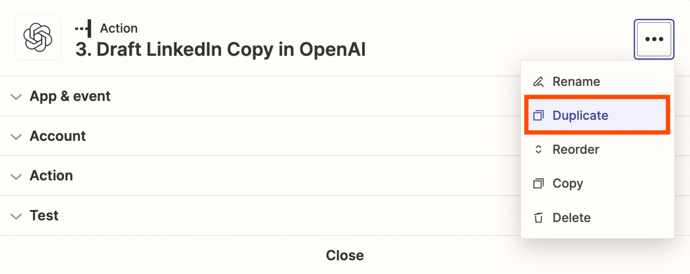 Screenshot highlighting how to duplicate a step in Zapier.