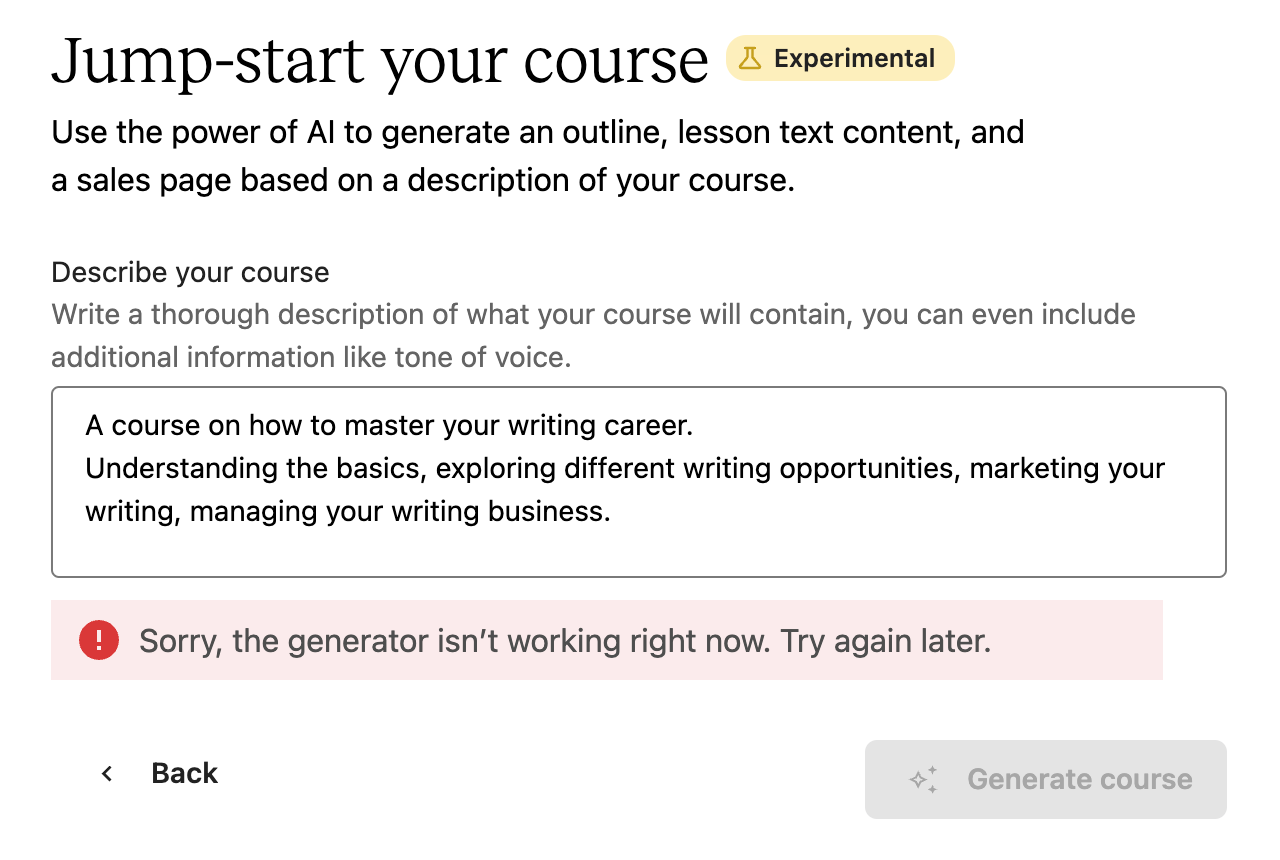 An error message from the Teachable course generator