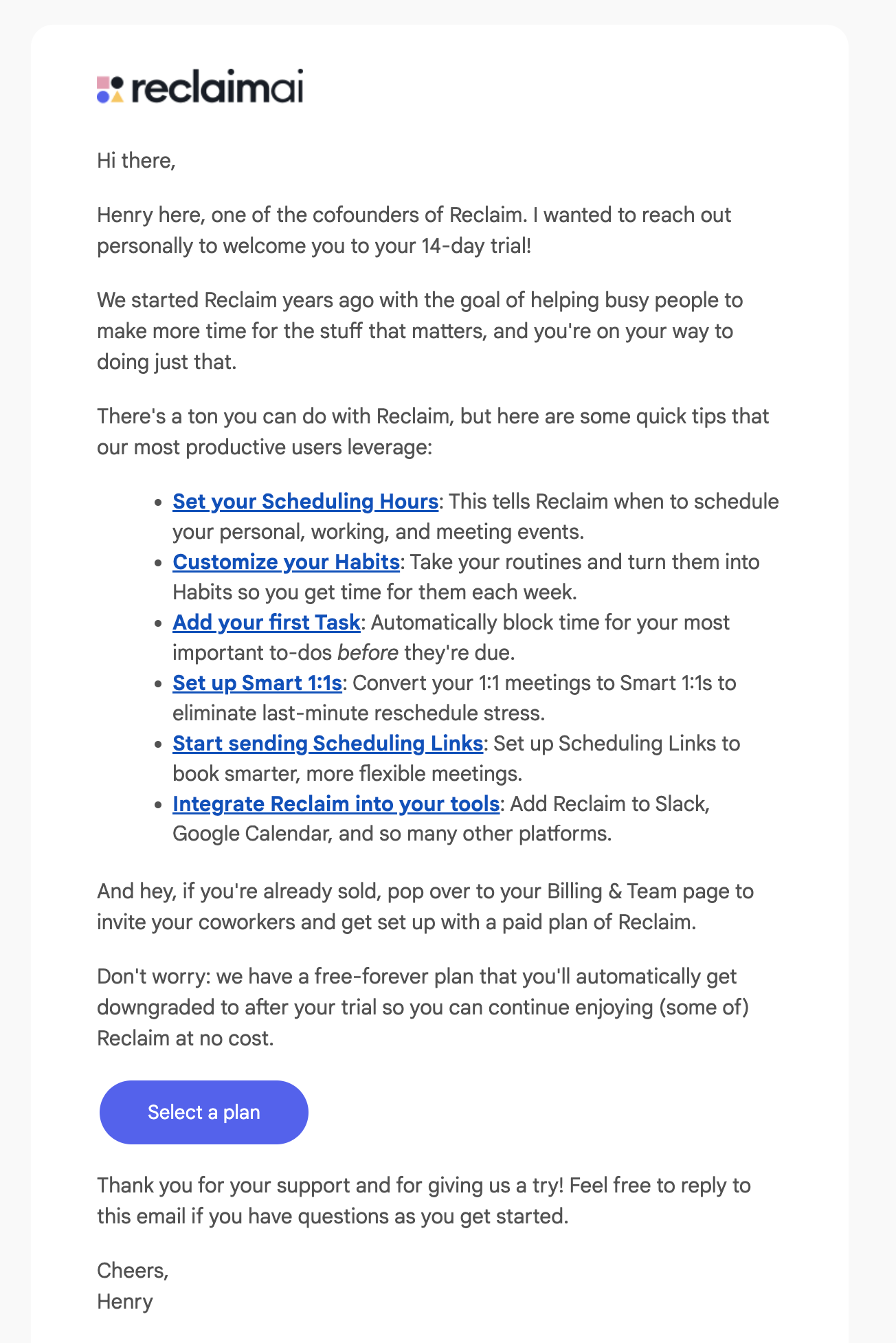 Screenshot of an email from Reclaim.ai