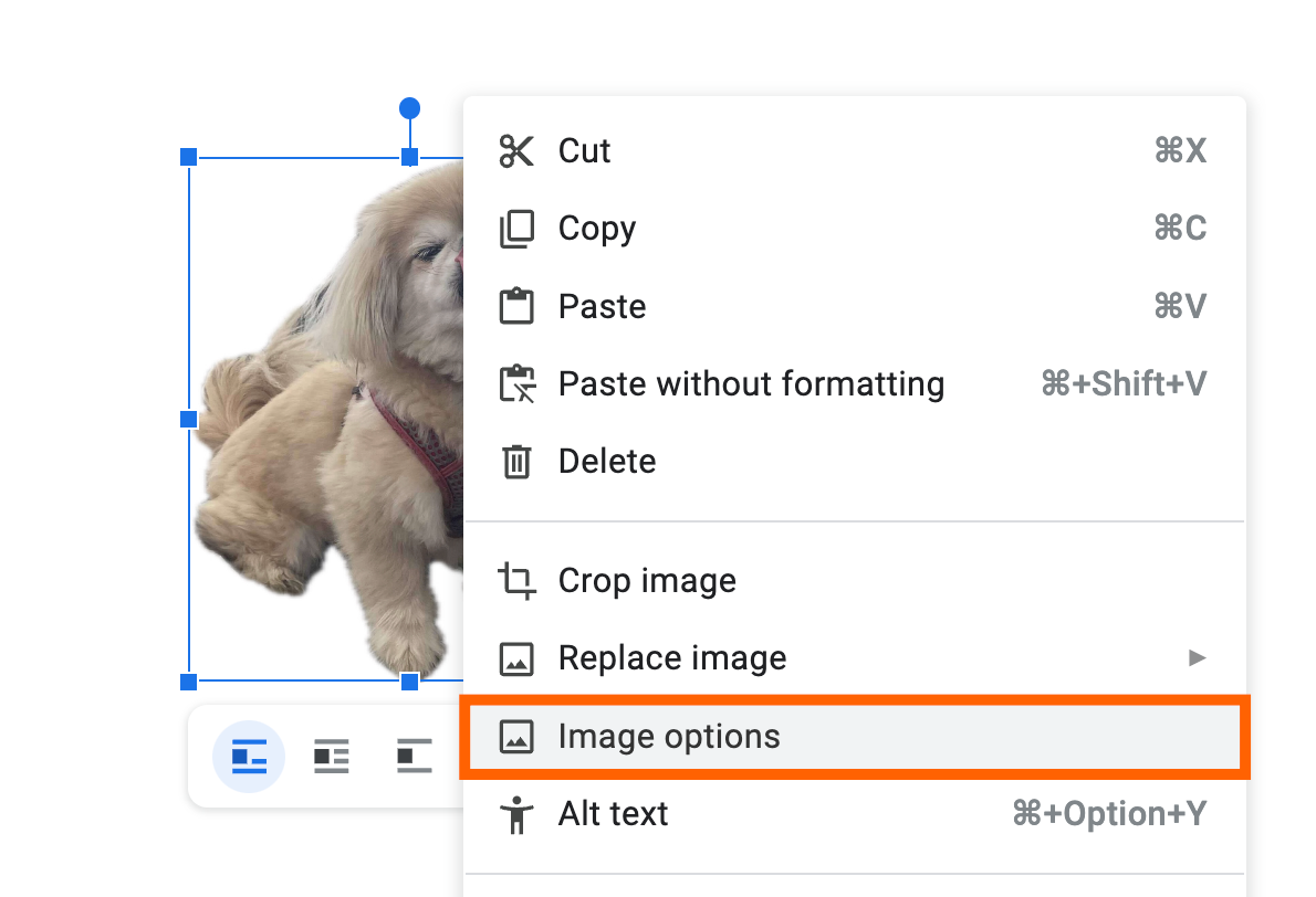 Expanded view of the right-click menu of an image in Google Docs with image options highlighted. 