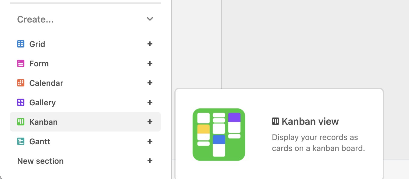 Selecting the Kanban view in Airtable