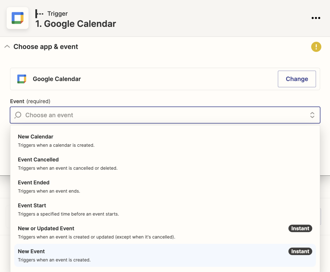 A dropdown shows a list of trigger events for Google Calendar, including New Calendar and Event Canceled. 