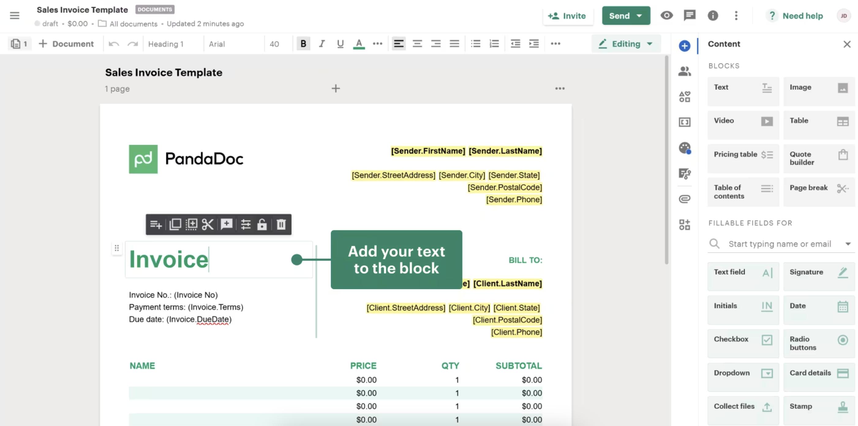 A screenshot of PandaDoc, a CPQ software vendor.