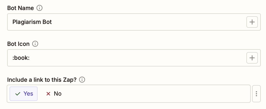 A window with fields for a bot name, bot icon, and a choice to include a link to this Zap.
