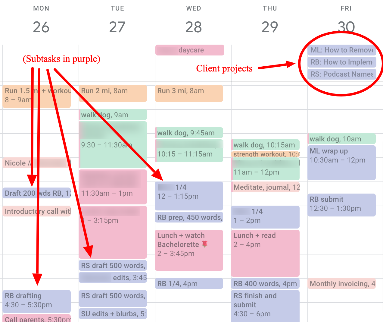 Projects moved over from the to do list Notion template to Google Calendar