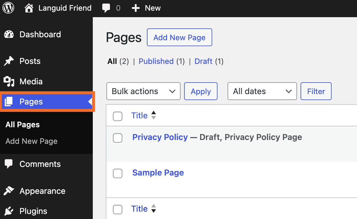 Screenshot of the pages tab in WordPress and the "add new page" button