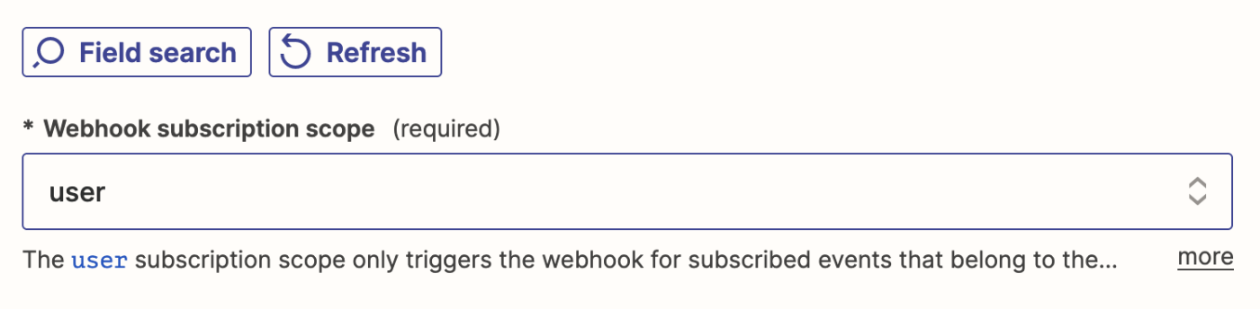 User is shown selected in the Webhook subscription scope dropdown menu.