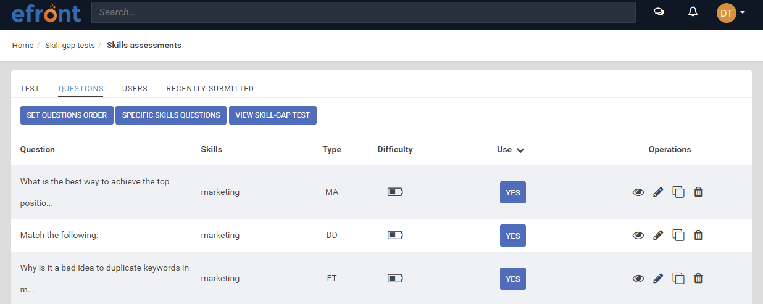 eFront skill-gap testing set-up
