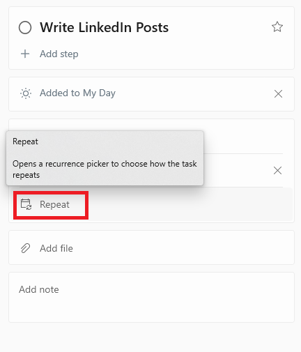 The repeat option for recurring tasks in Microsoft To Do
