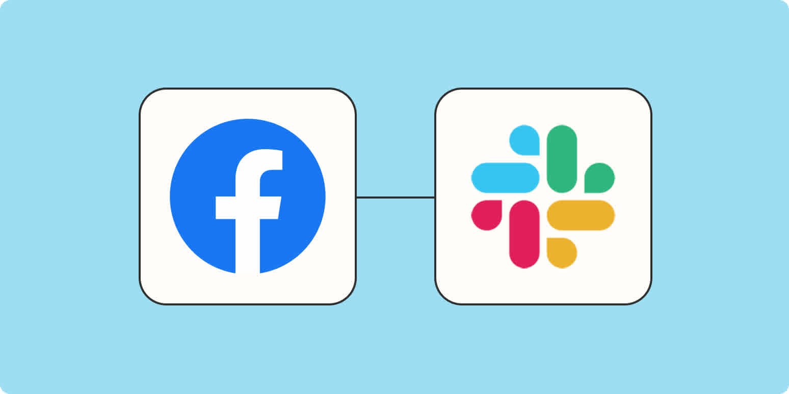 The Facebook logo connected to the Slack logo with a black line on a light blue background.
