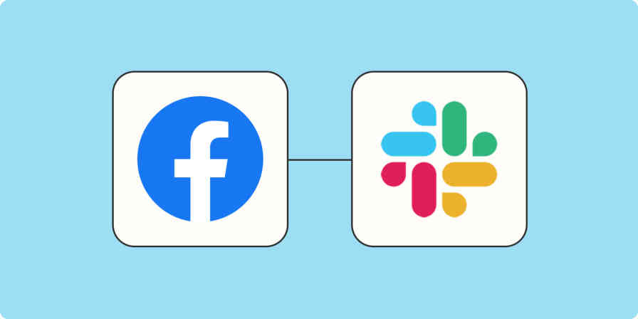 The Facebook logo connected to the Slack logo with a black line on a light blue background.