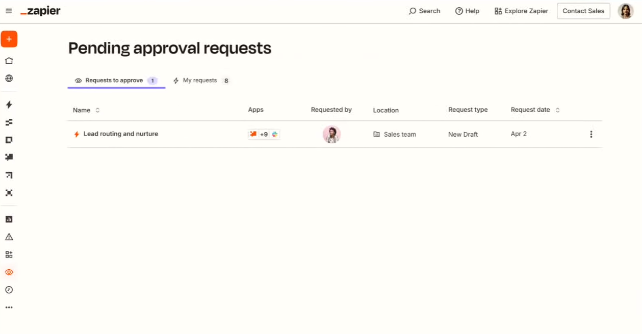 A dashboard with pending approval requests in Zapier