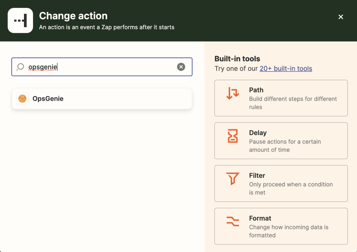 A screenshot of someone selecting OpsGenie as their action step in the Zapier editor.