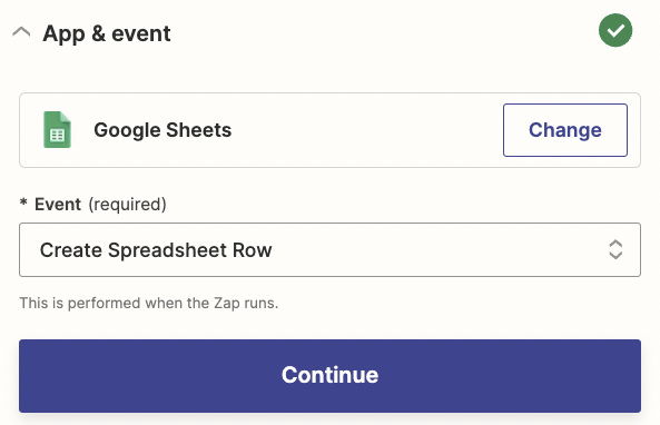 An action step in the Zap editor with Google Sheets selected for the action app and Create Spreadsheet Row selected for the action event.
