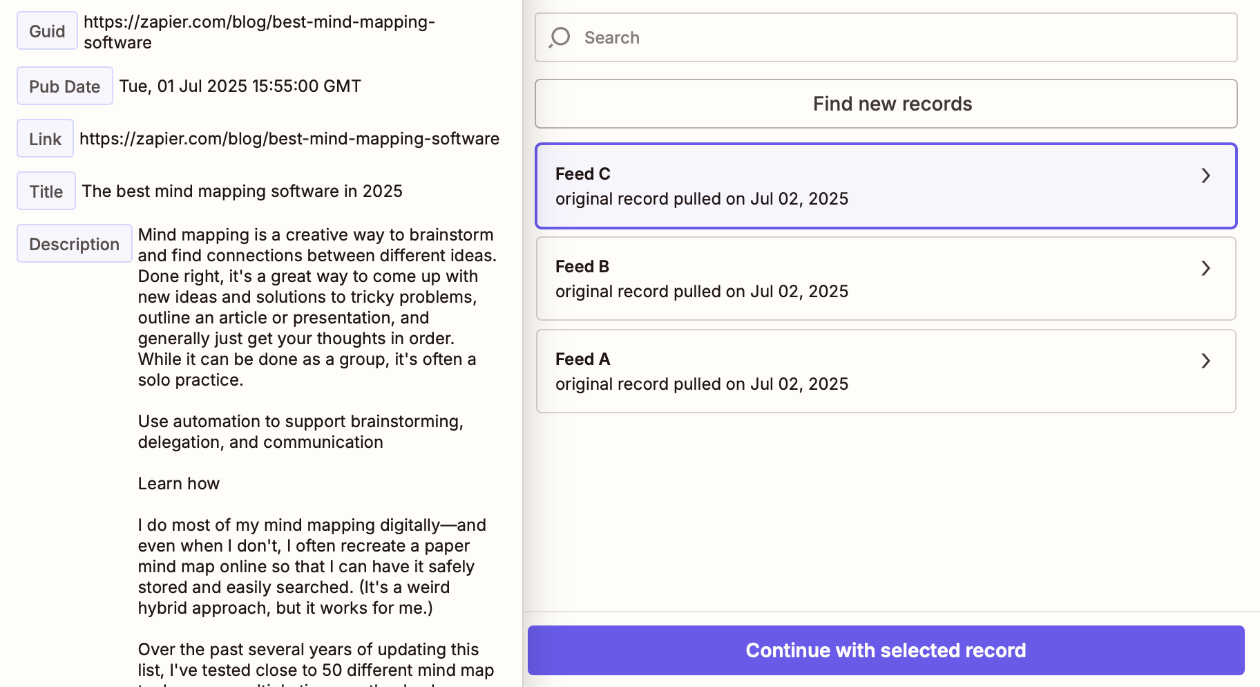 A set of sample RSS feed items in the Zap editor.