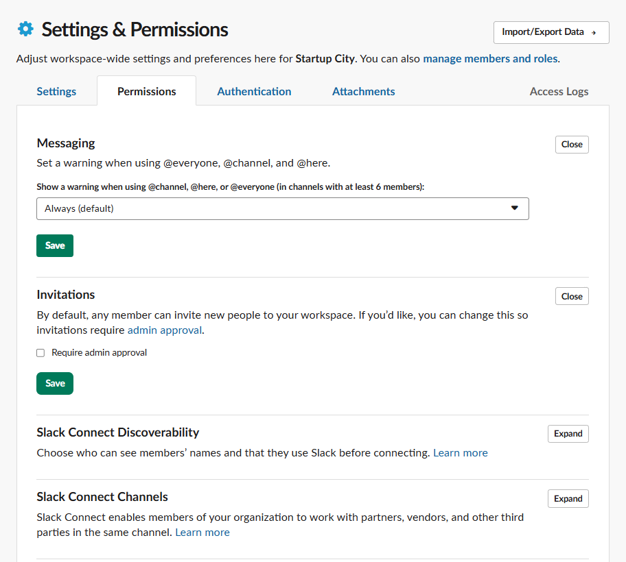 Admin settings in Slack