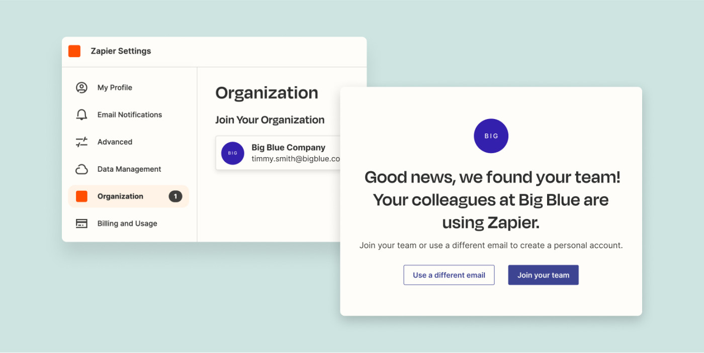 Domain capture allows any employee to auto-join your organization when they create a Zapier account with a business email