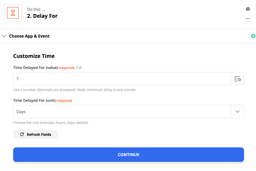 Setting up Delay by Zapier for a one week delay