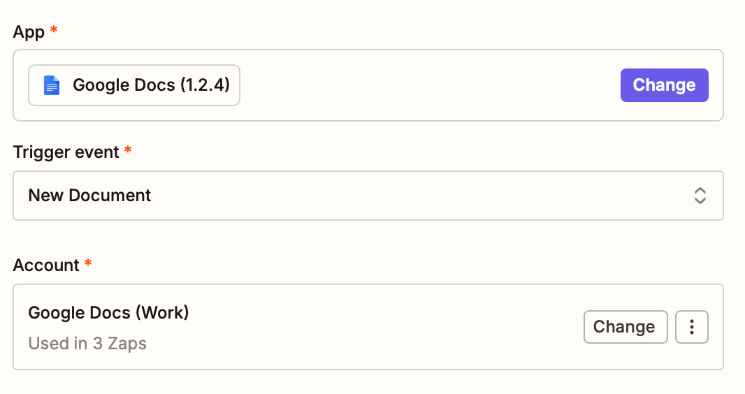 A window in the Zap editor with fields to select the trigger app and trigger event and connect an account