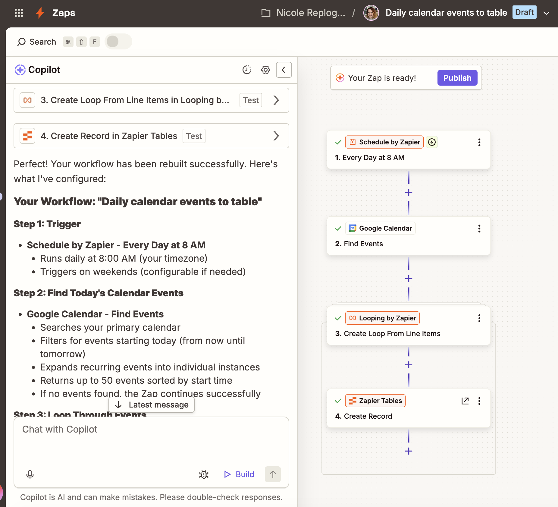A finished Zap in the Zapier editor