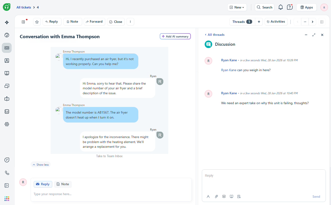 A thread in Freshdesk