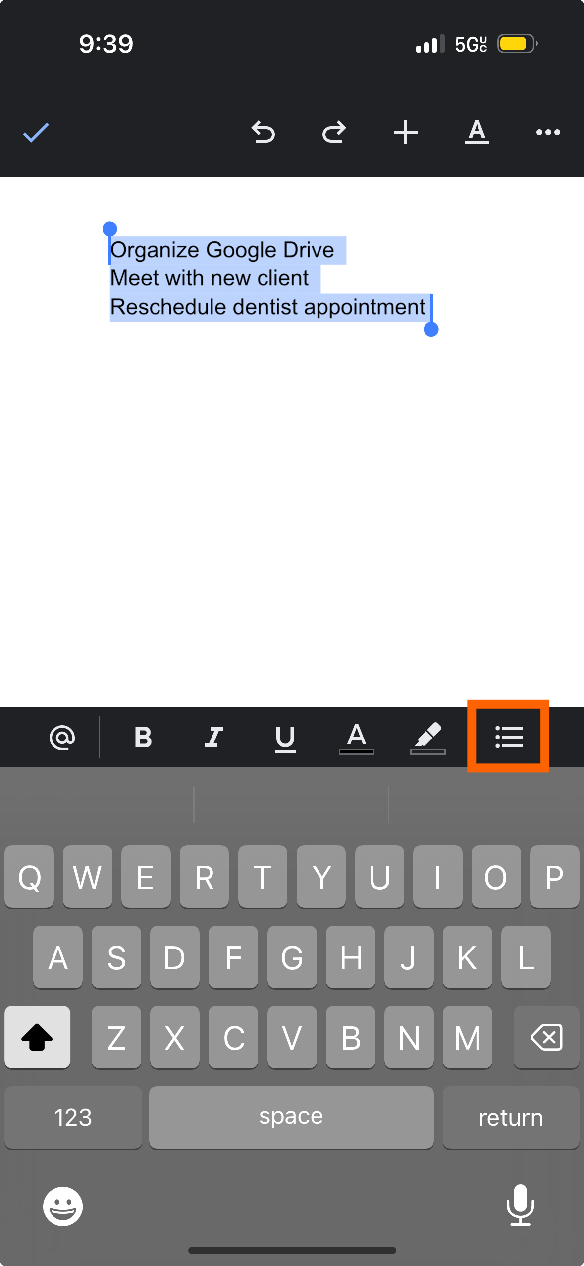 Screenshot of where to find the bulleted list icon in Google Docs on mobile