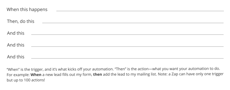 Prompts from the automation cheat sheet (linked below), which is an accompanying resource to Zapier University 101.