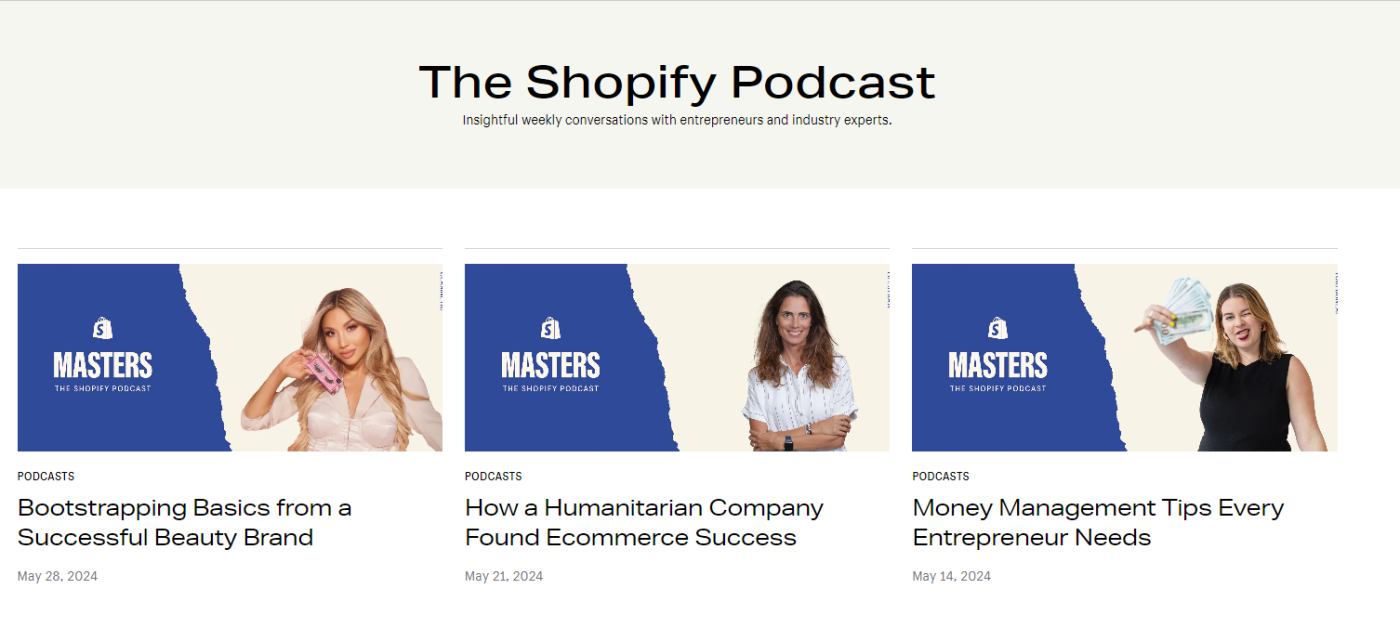 Screenshot showcasing Shopify's podcasts
