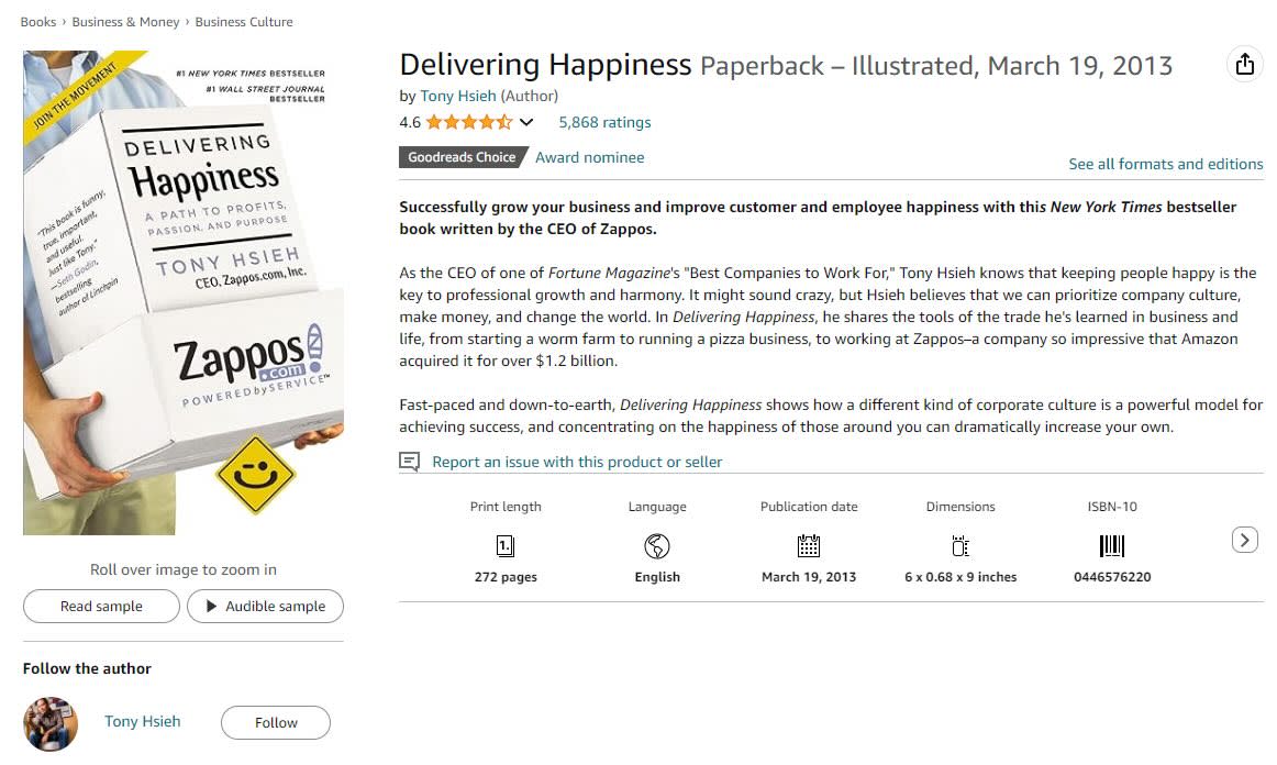 The Amazon page for Delivering Happiness