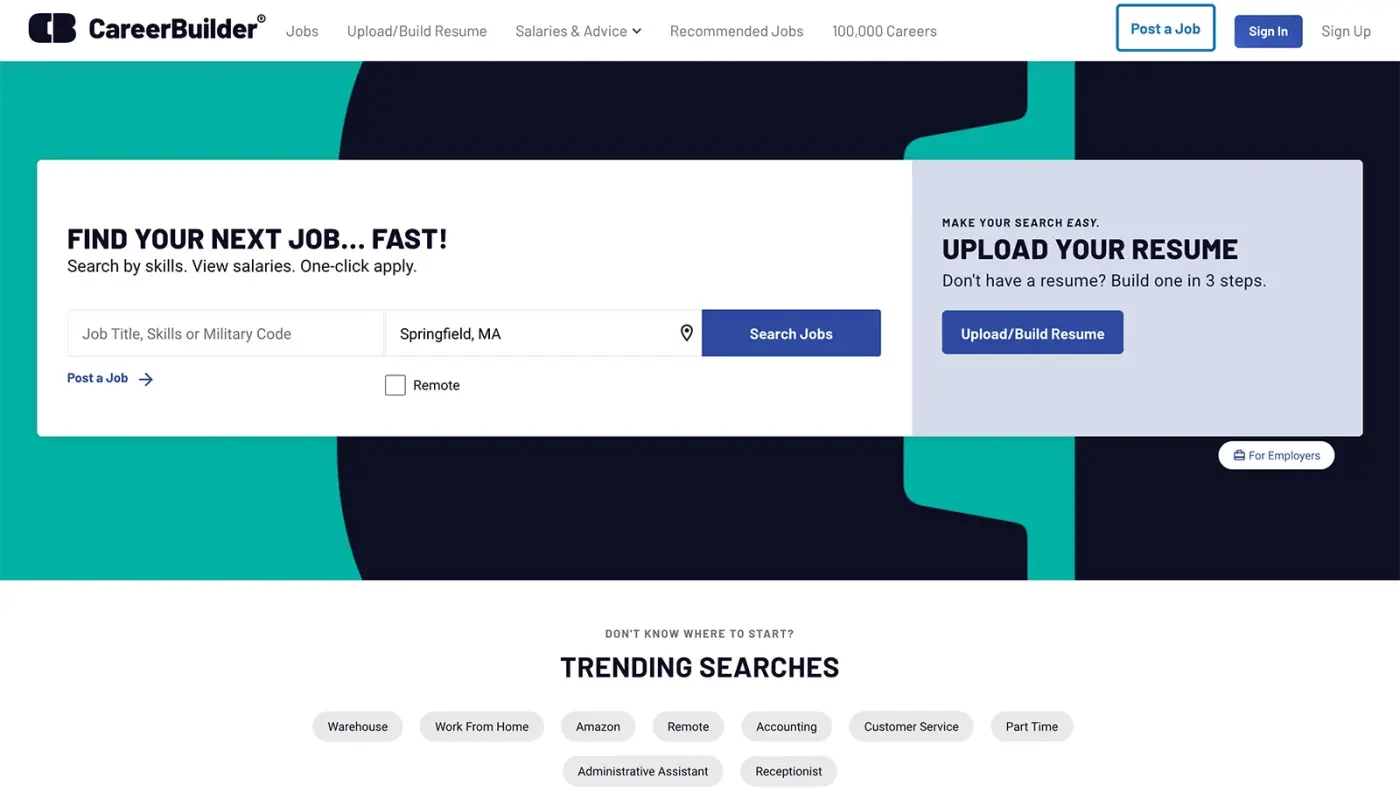 Screenshot of Career Builder's homepage header that says "Find your next job...fast!" with a place to search jobs and upload a resume 