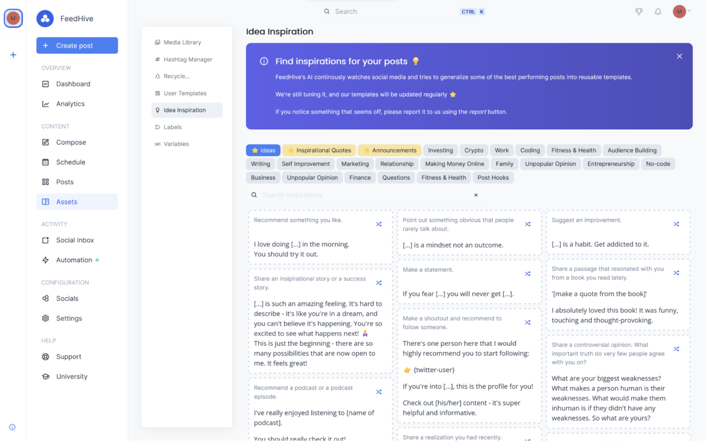 FeedHive, our pick for the best AI social media management tool for content recycling and conditional posting