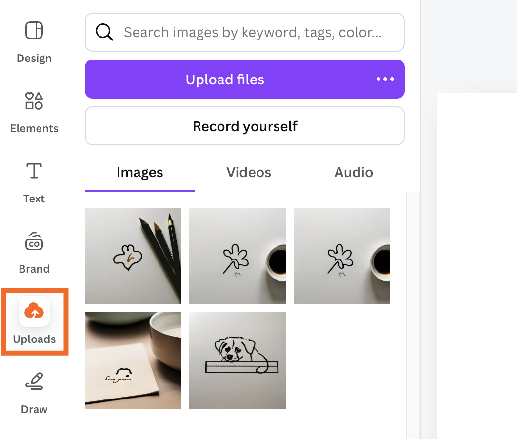 Uploads view in the Canva dashboard with a preview of uploaded images. 