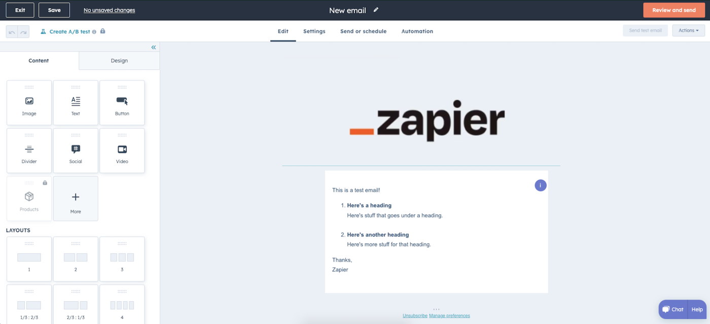 Screenshot of HubSpot email editing interface with Zapier logo.
