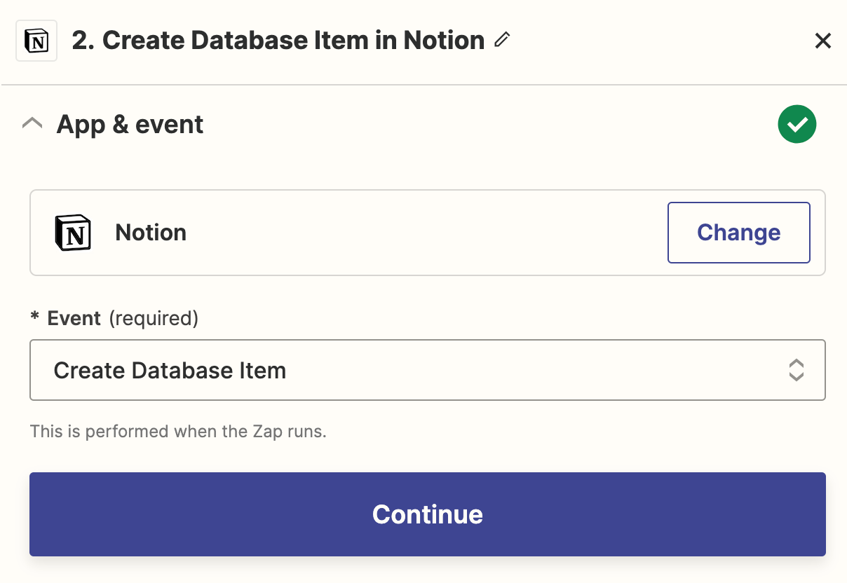 Screenshot of Notion event in Zap editor