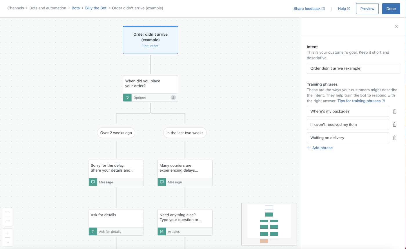 Screenshot of the author customizing a bot’s decision tree.
