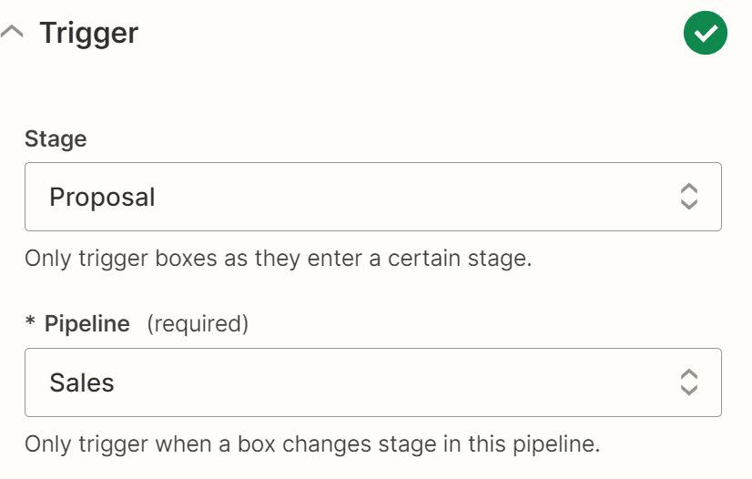 A trigger step in the Zap editor which shows the Stage and Pipeline fields for a CRM step.