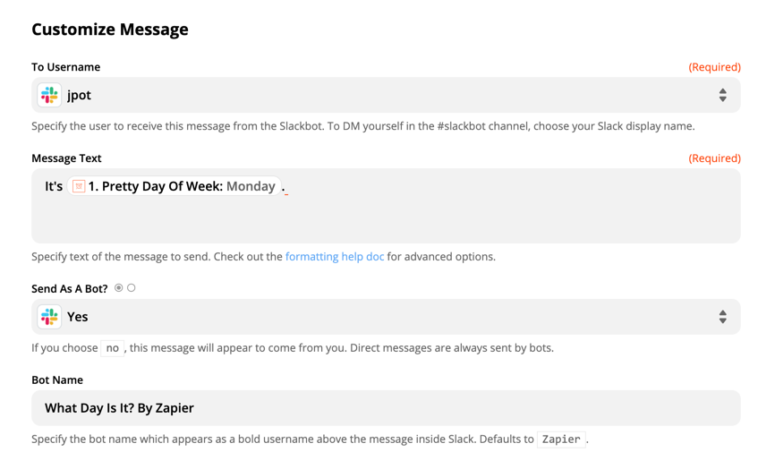 Customize a Slack message in Zapier