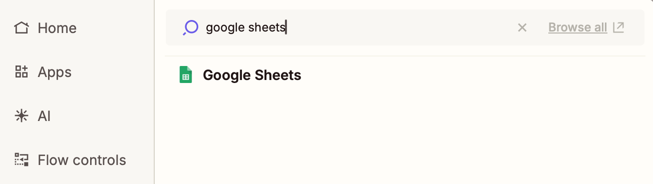 An action step in the Zap editor with Google Sheets added to the app search field.