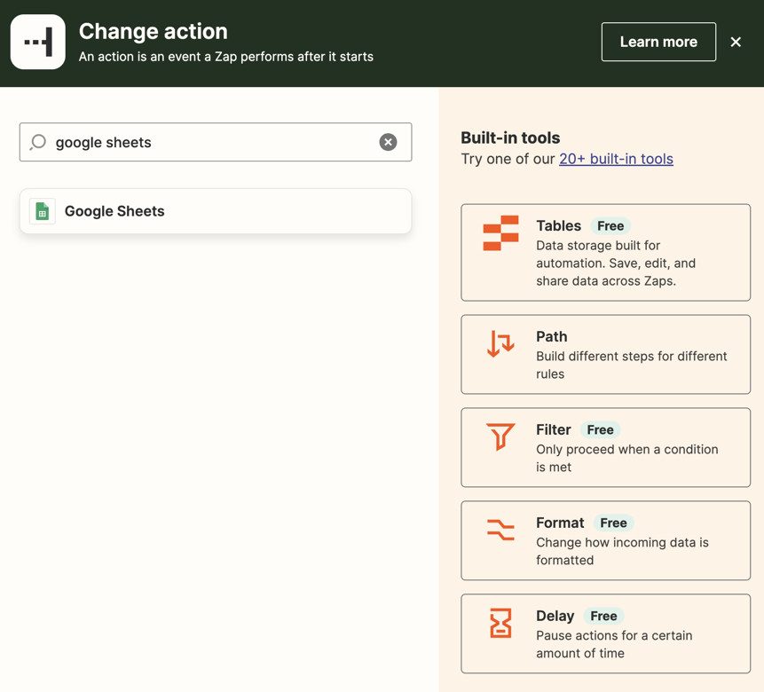 An action step in the Zap editor with Google Sheets added to the app search field.