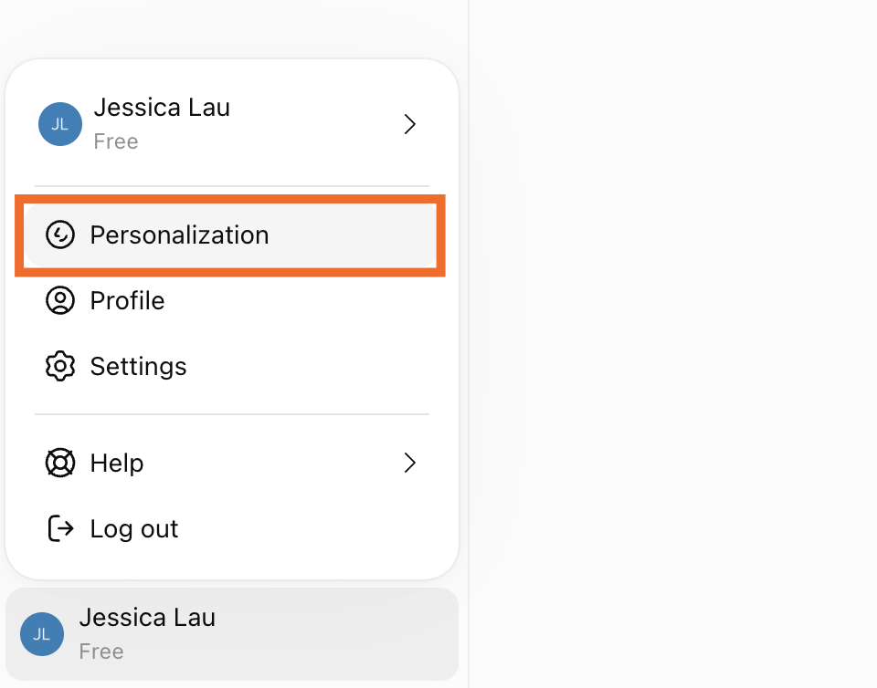 Expanded view of the profile menu in ChatGPT with personalization highlighted.
